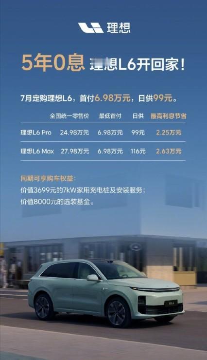 理想这是感受到压力了，销量担当L6全系5年0息奉上，活动时间7月1日-7月3