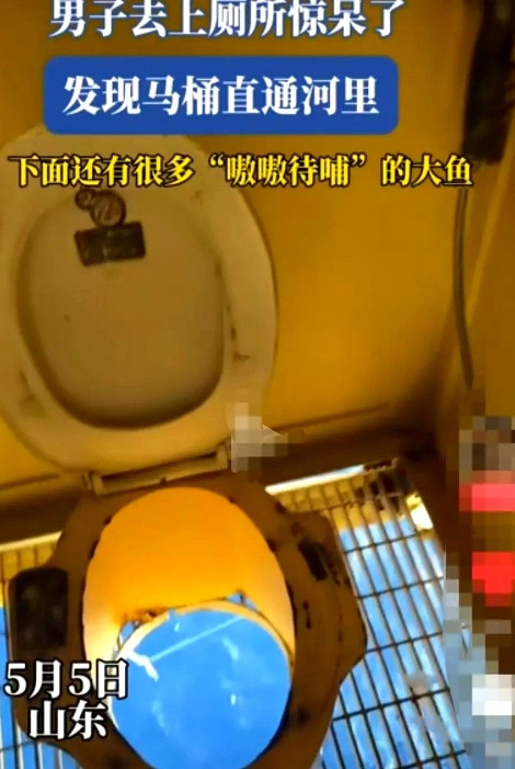 山东，男子去某地上厕所，发现马桶没有下水道设置，而是直接和江河相通。仔细一看，