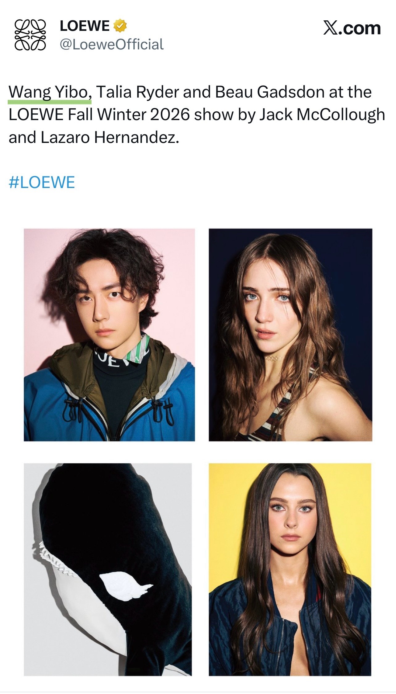 罗意威X和ins更新，内容为首发认领观秀阵容图，王一博排第一位，且是首位华人代言