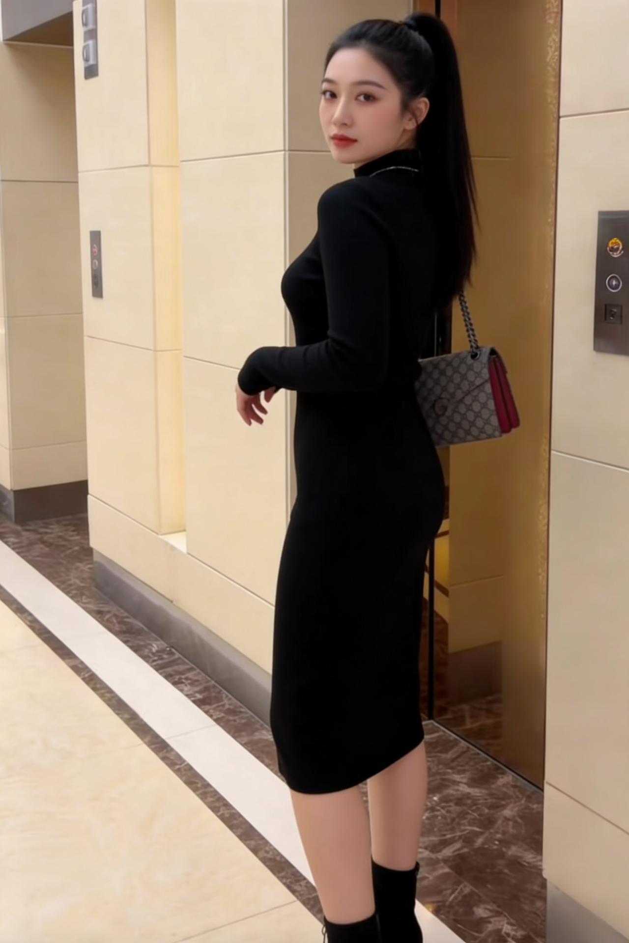 黑裙束倩影，红袋缀芳姿。梯前人久立，心期向上时。