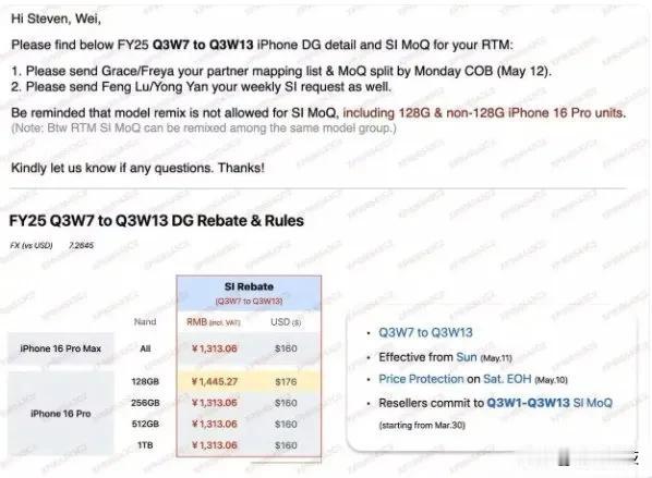 【苹果公司下发调价通知:iPhone16ProMax全容量下调160