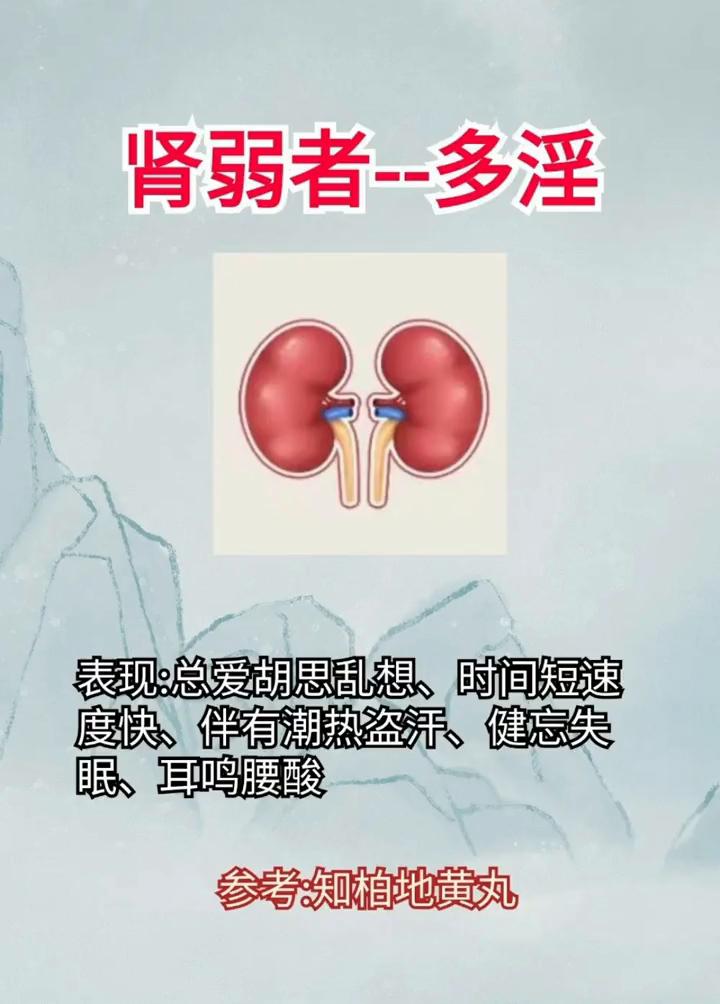 ·肾弱者--多淫：表现：总爱胡思乱想、时间短、速度快、伴有潮热盗汗、健忘失眠、耳