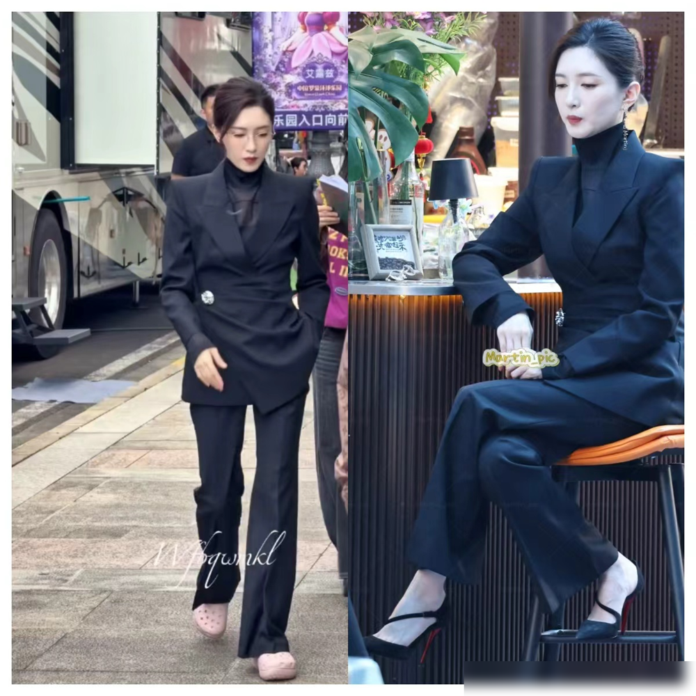 这居然是江疏影？换个造型直接认不出来了。黑色西装裙，包臀裙，黑丝高跟，腰臀比拉满，御姐范本该是她的统