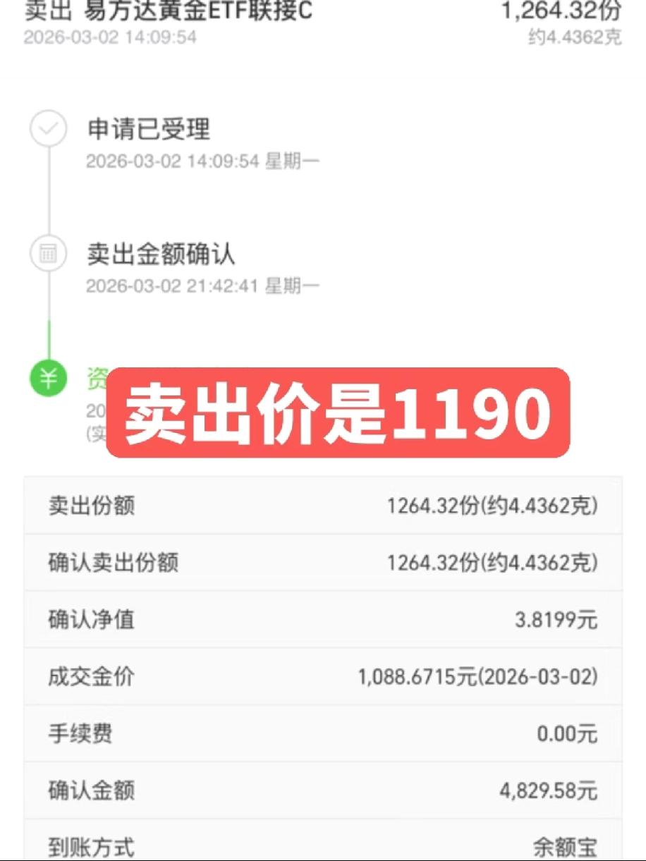 我第一次买易方达黄金ETF联接C，一月底花五千块买的，折算下来是4.4362克黄