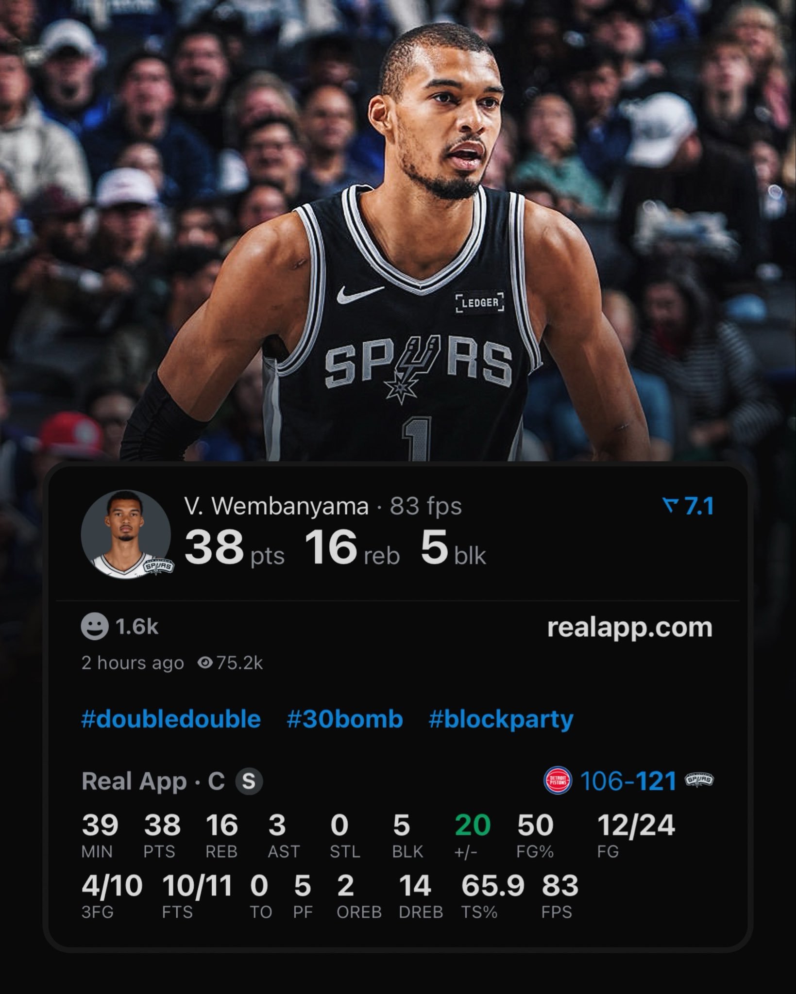 文班亚马38分16篮板3助攻5盖帽0失误，干掉东部第一。这一战过后，应该不会有人