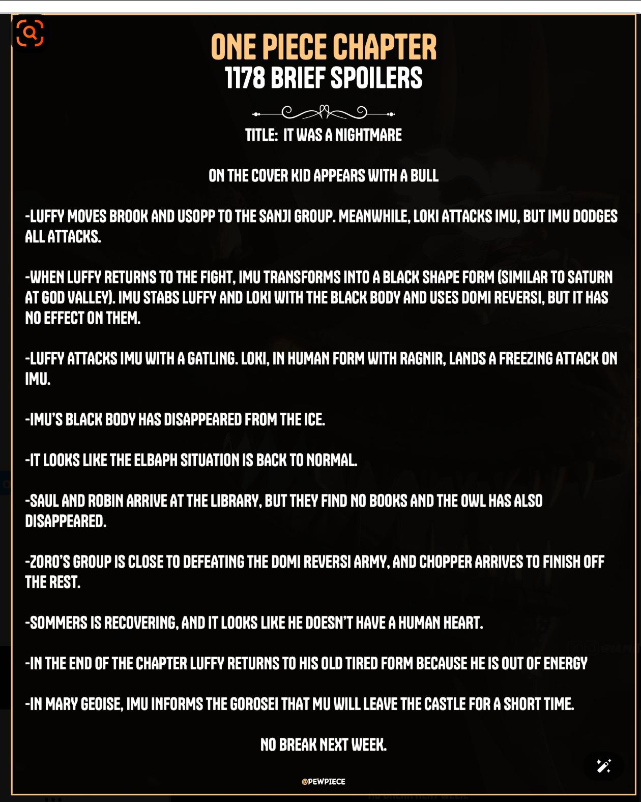 海贼王1178话情报更新，最新一话的标题为一场噩梦，场面是延续了之前伊姆和路飞和