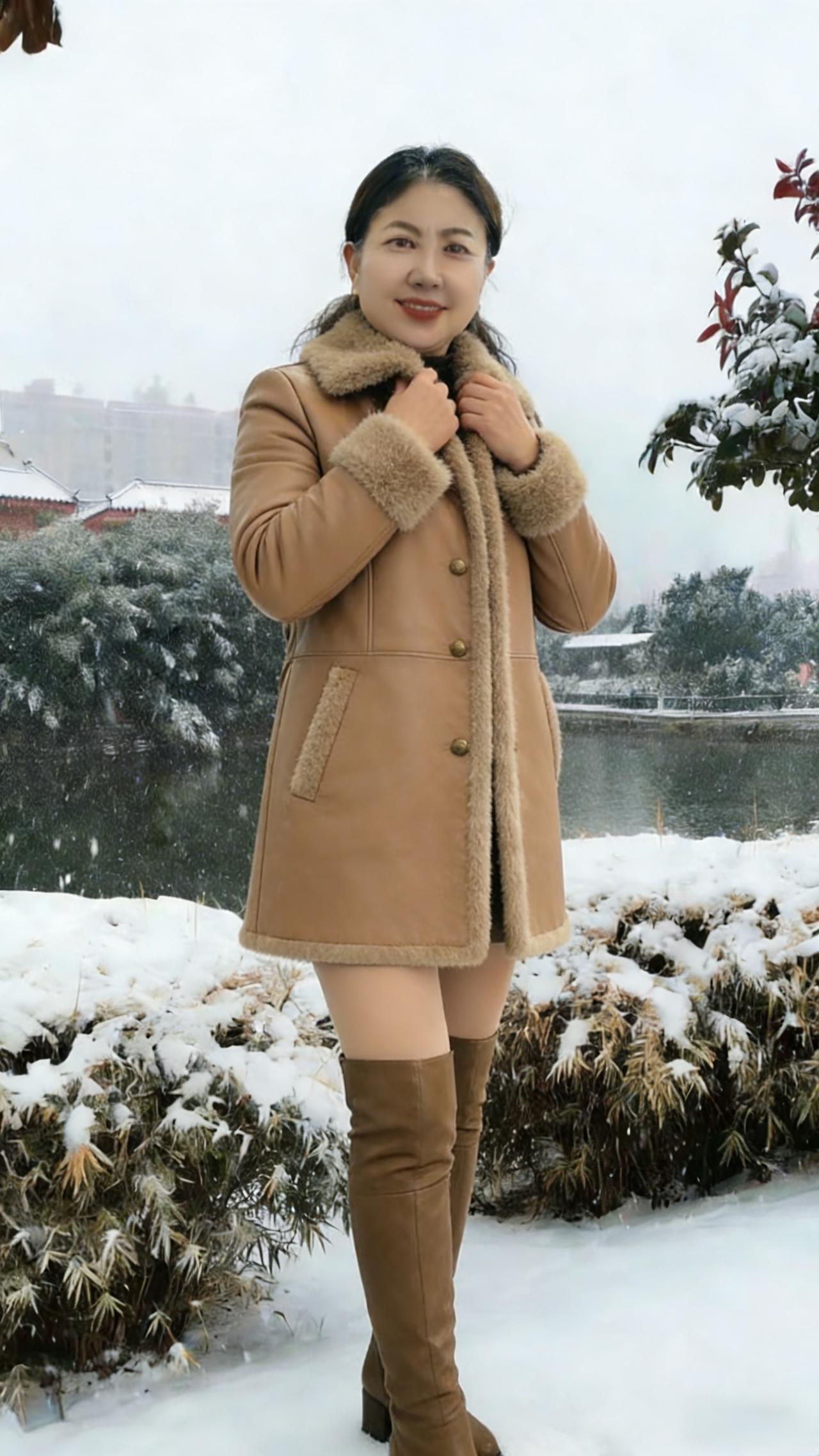 《雪地里的从容》雪絮悠悠落下来吻过她的发梢，吻过棕皮大衣的毛领她站在湖畔的