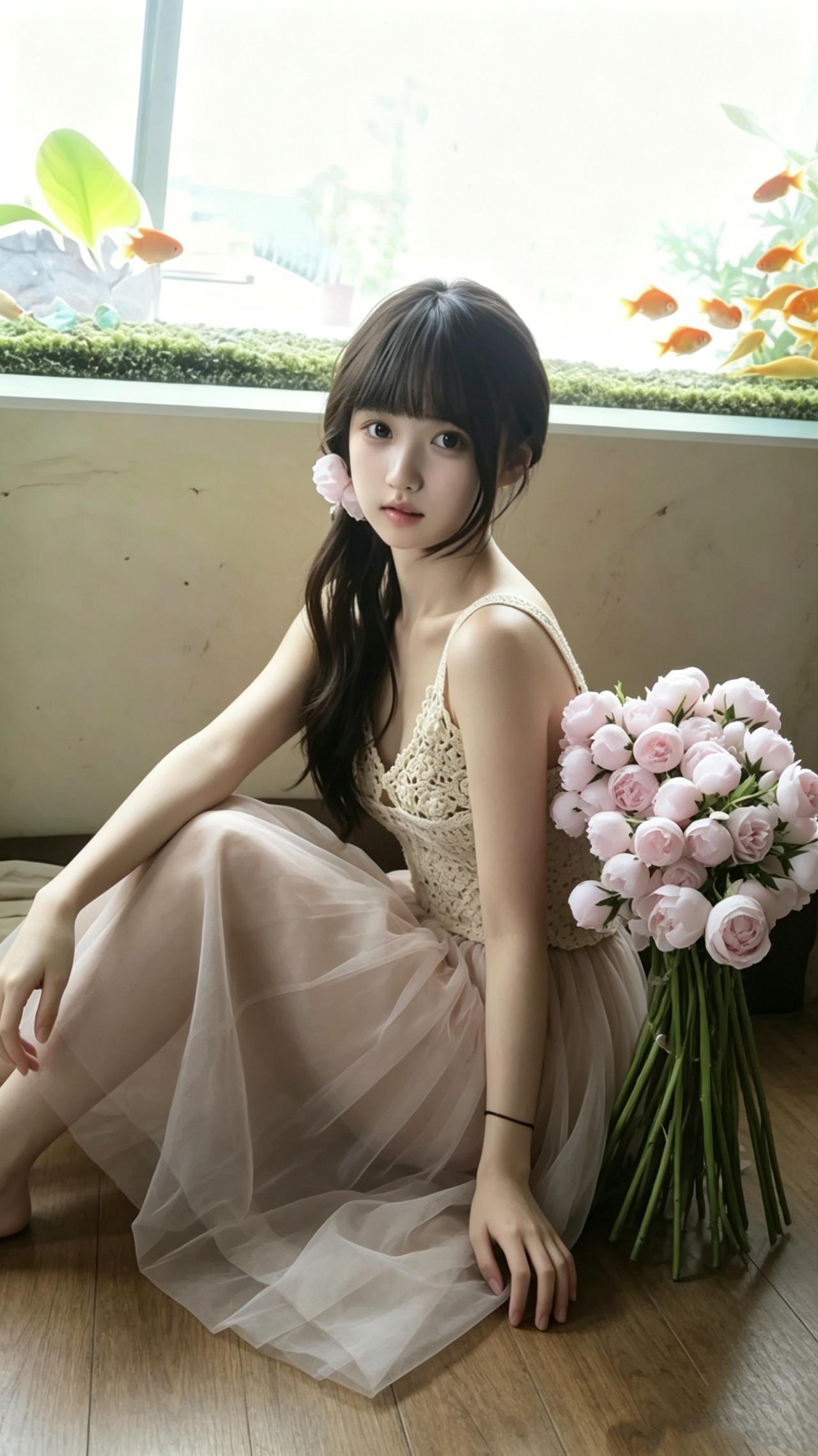 少女与花，总能勾勒出静谧时光里的温柔与美好。就像那幅插画中，荷花畔的少女宛如一幅