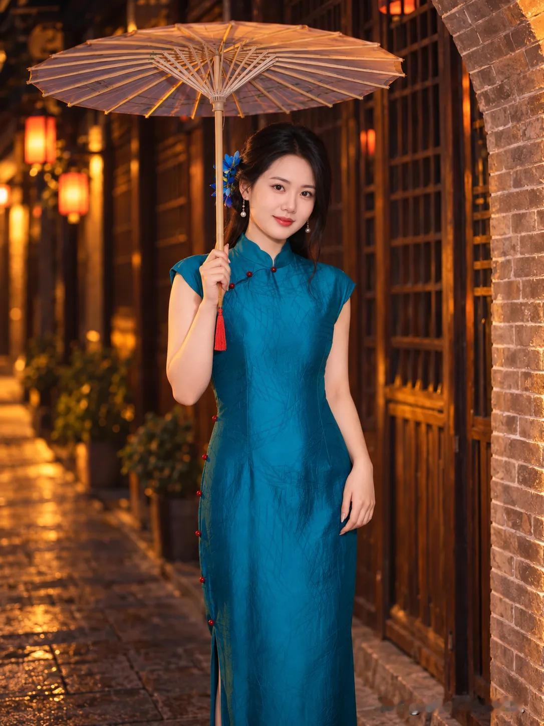孔雀蓝无袖旗袍，在江南老街，拍出温婉民国氛围感。旗袍之外的温婉