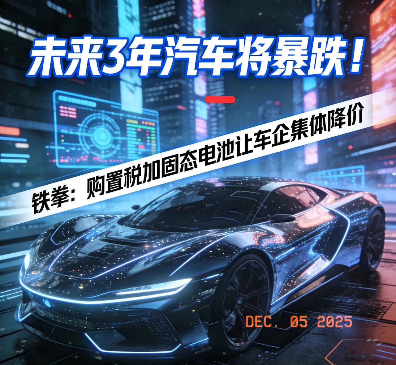 家人们！刚刷到说未来3年汽车要暴跌的消息，看完直接惊了——购置税调整加固态电池技