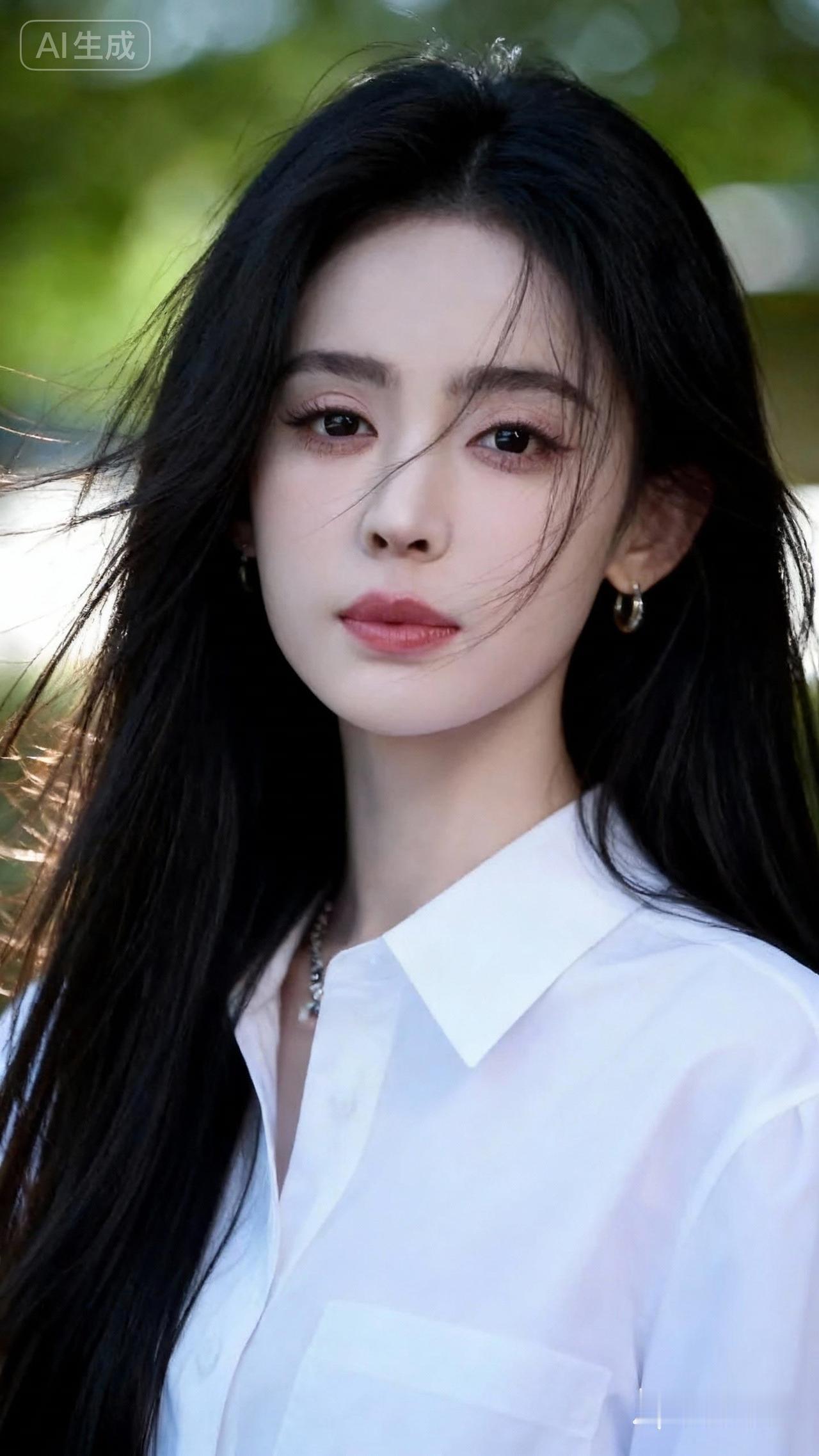 温柔的黑发少女，白色衬衫，自然光下更显清新动人。