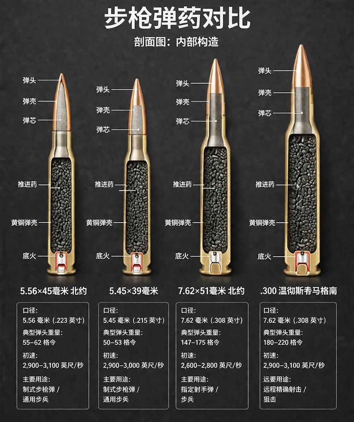 【一图看懂：步枪子弹内部结构】很多人只看到子弹外形，其实里面大有讲究👇一