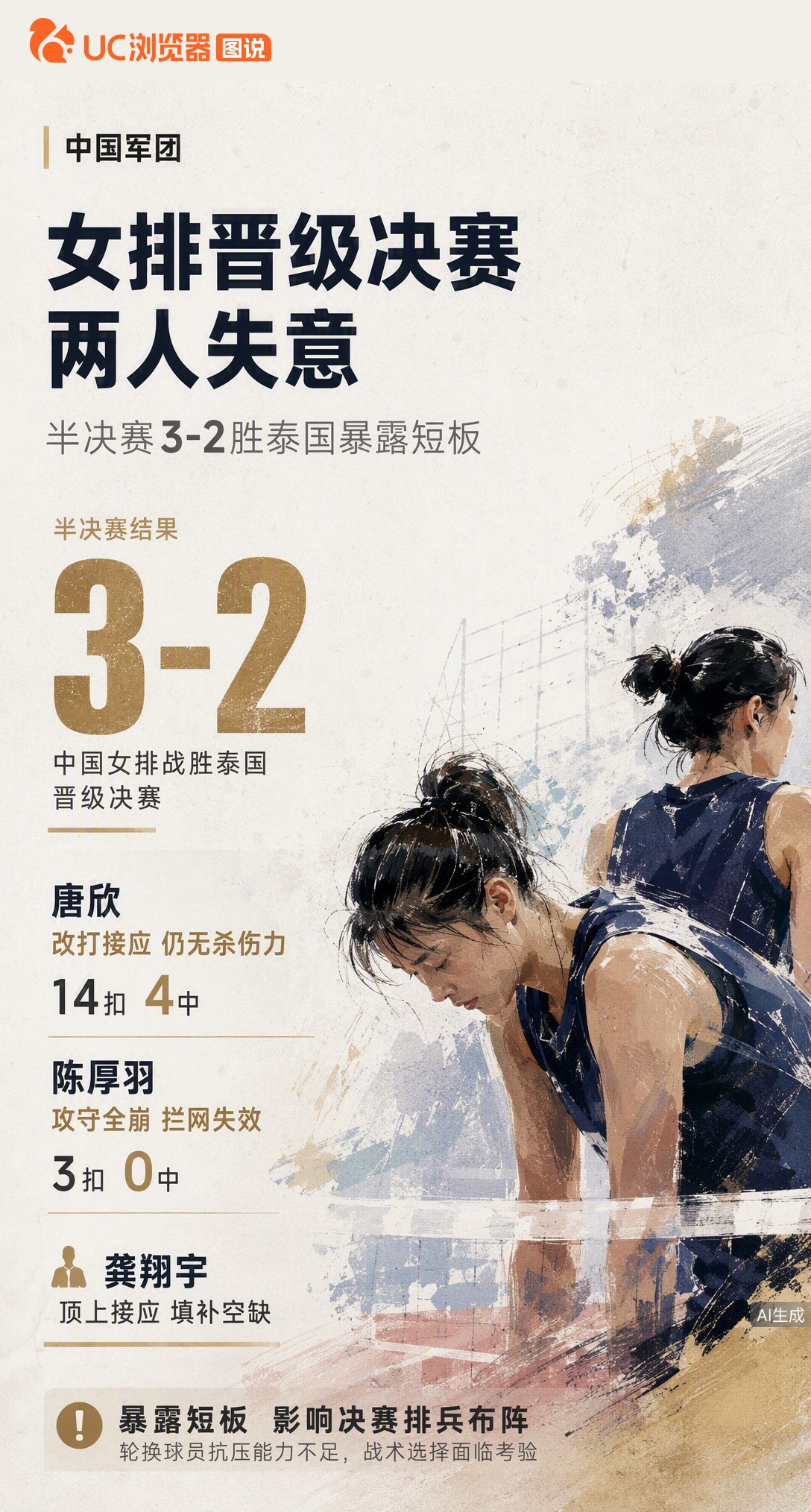 中国女排3-2险胜泰国进决赛，但唐欣14扣4中、陈厚羽3扣0中暴露短板。主力轮换抗压不足，决赛排兵布