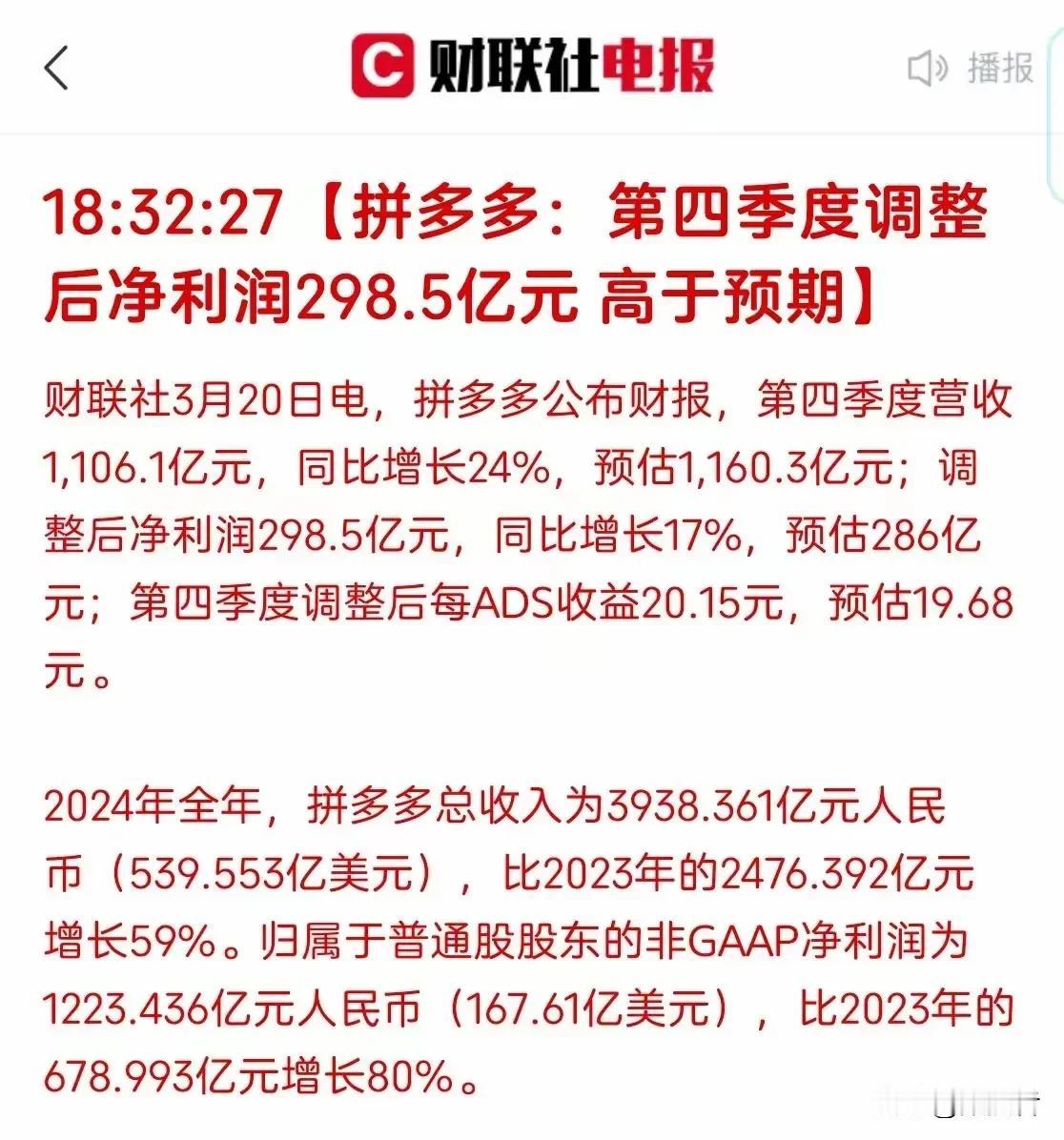 2024年拼多多的总收入是3938亿，净利润是1223亿，比上一年增长了80%。