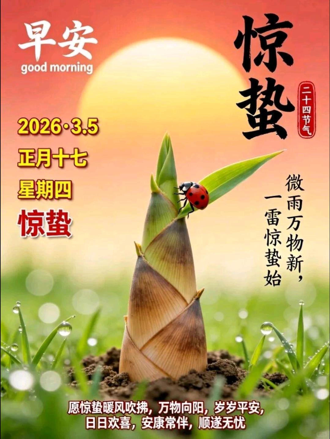 🌻今日惊蛰今天是2026年3月5日，农历正月十七，我们迎来了惊蛰节气。惊蛰