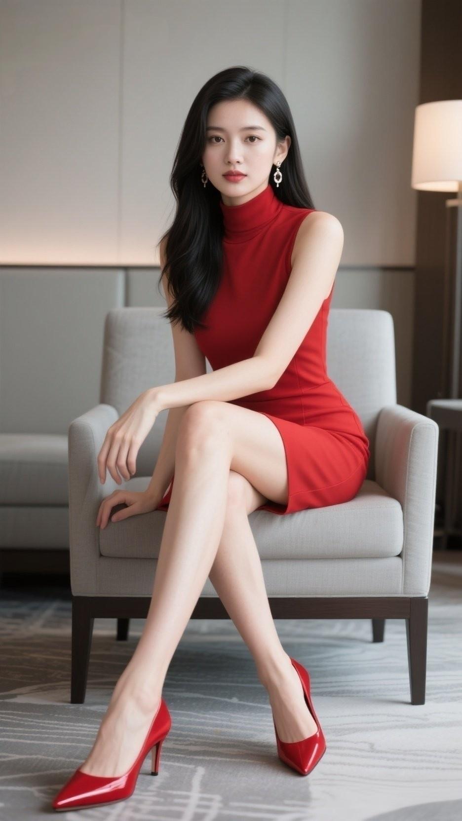 一袭明艳红裙，勾勒优雅身姿。黑长发温柔垂落，红高跟点亮气场，自带笃定从容的氛围感