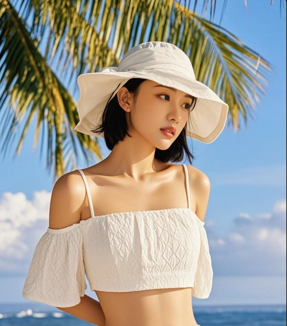 美女在沙滩上，椰树映衬阳光