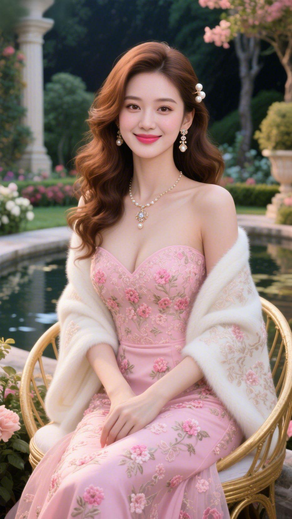 晚风遇繁花晚风轻绕庭院，蔷薇的馨香漫入暮色。她静坐在鎏金椅上，粉色裙装如春