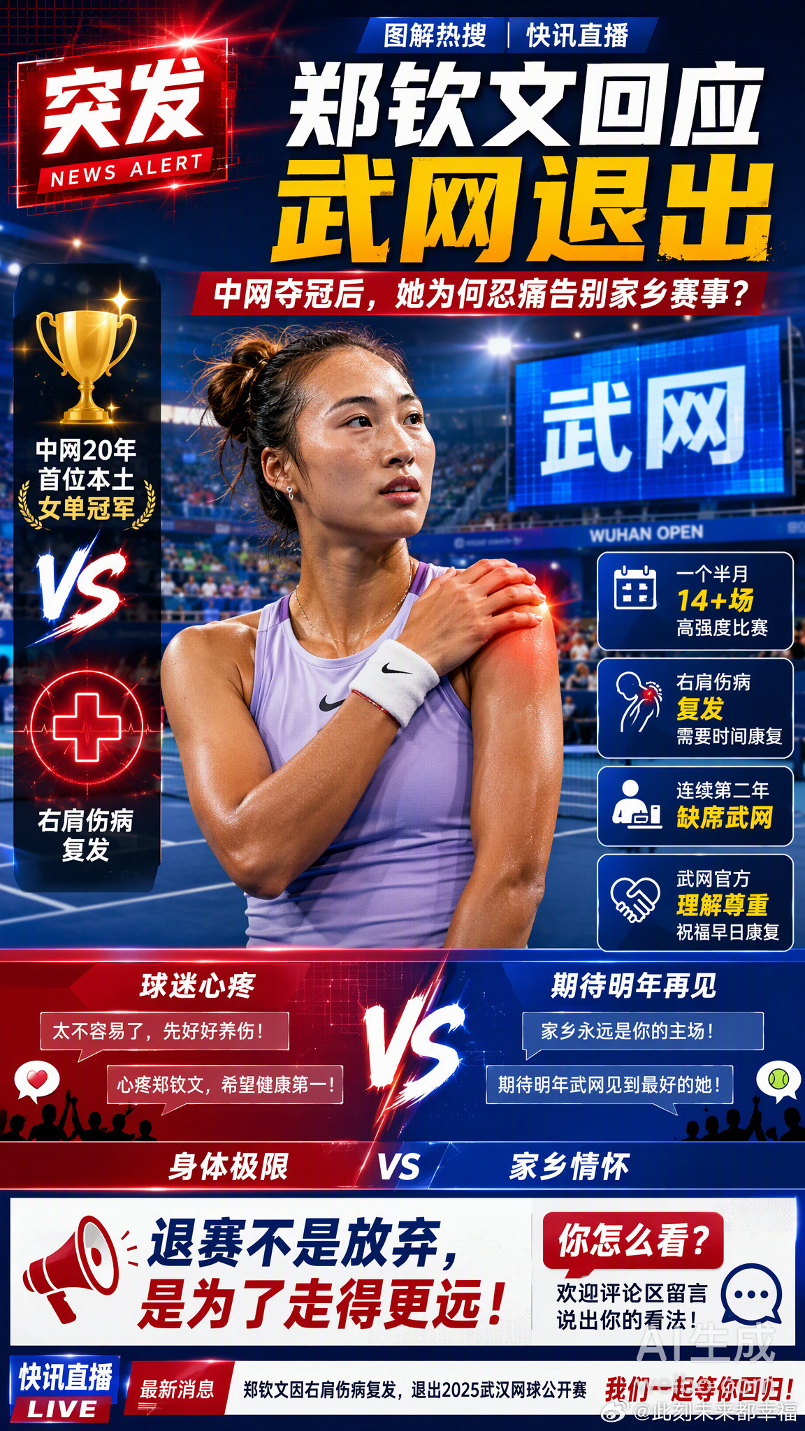 郑钦文回应武网退出刚在中网创造历史、成为赛事20年来首位本土女单冠军，郑钦文今天