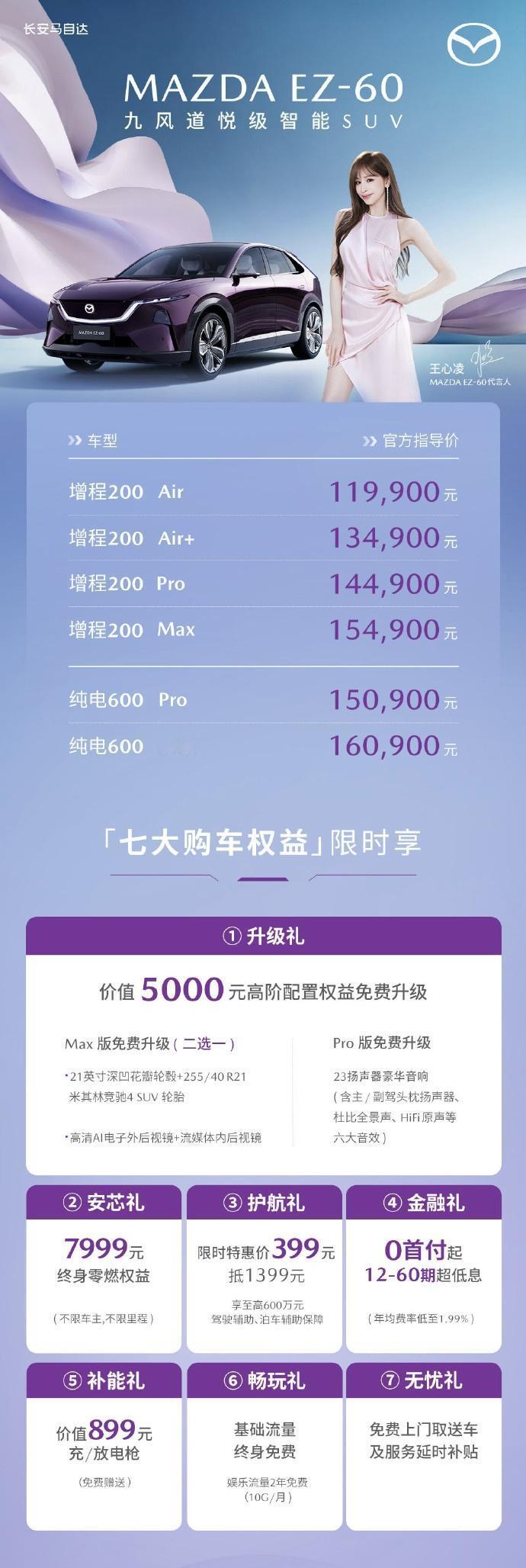 马自达EZ-60，增程四款11.99-15.49万，纯电两款15.09和16.0