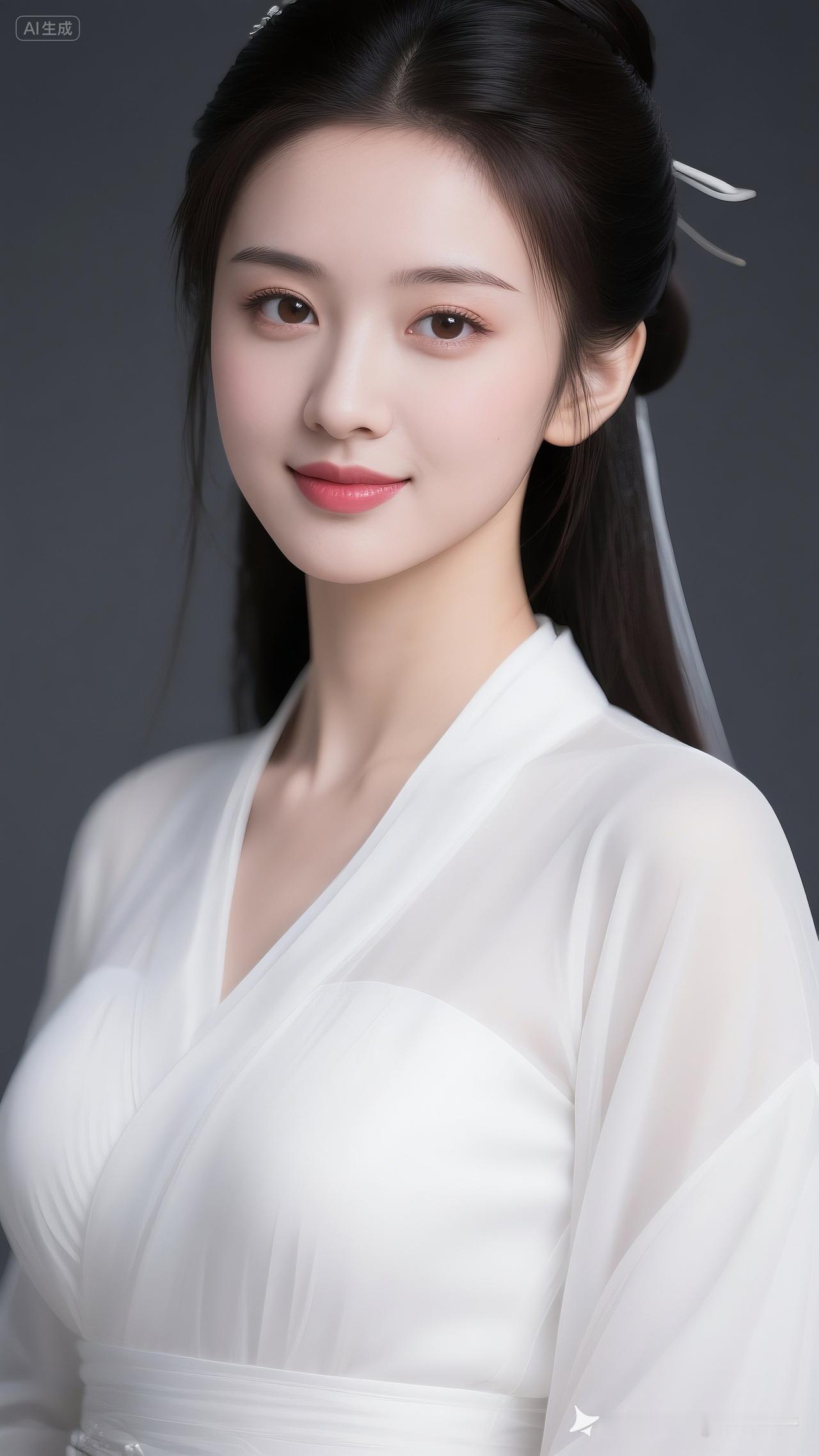 美女体态丰盈、身姿婀娜，肌肤莹白似雪，泛着柔和光泽。眉眼含情，秋水盈眸搭配细长挑