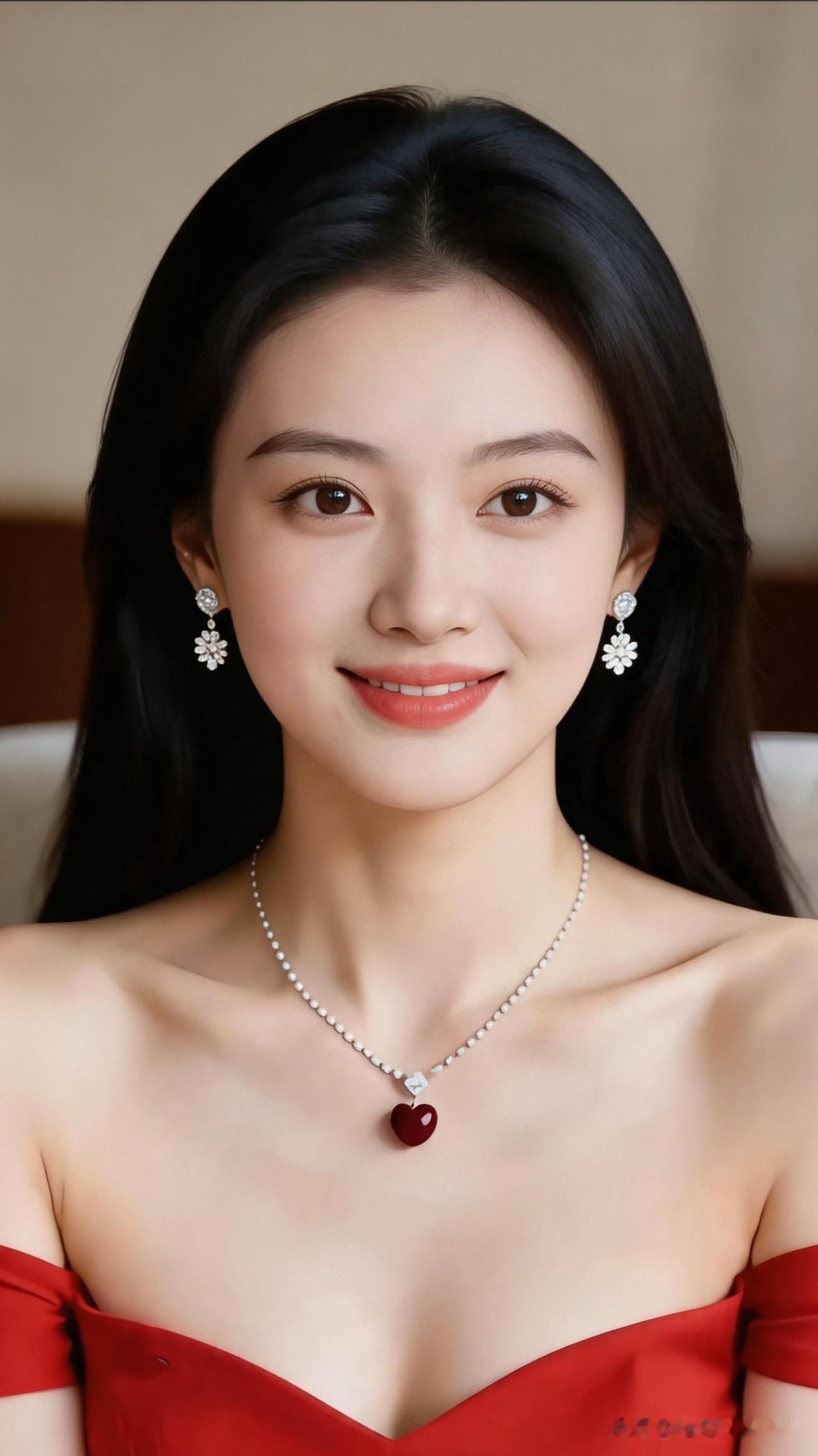甜美红唇，优雅红裙，闪耀红心项链，完美搭配！💖✨