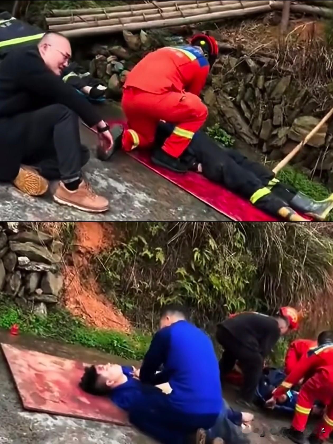 湖南新化消防员救援现场，图里坐在地上的黑衣大哥，之前被人恶意剪辑成在救援现场发笑