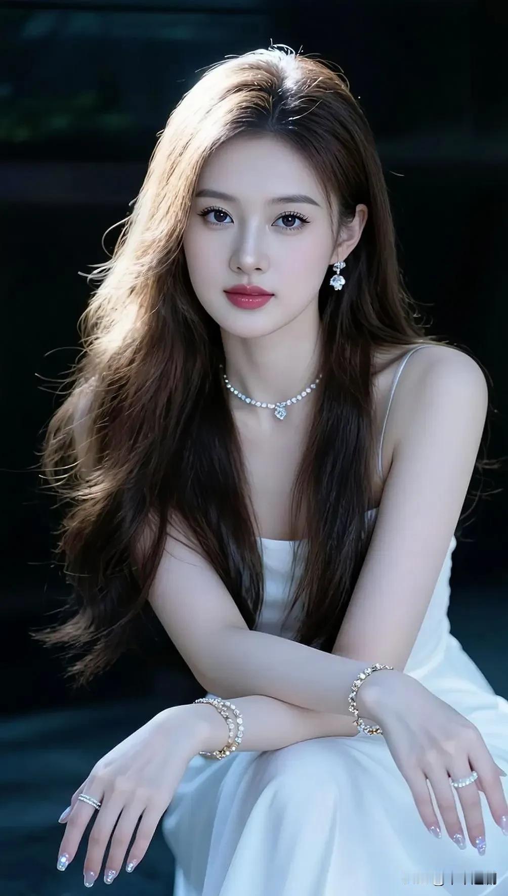 白裙配碎钻饰件，黑背景下的温柔美成月光本身～