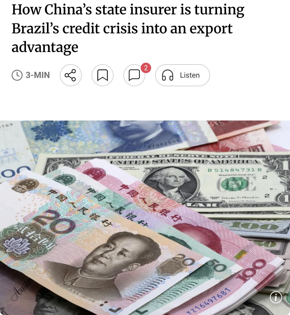 外媒：随着巴西的利率位居全球主要经济体之首，巴西进口商开始转向中国的国有信用保险