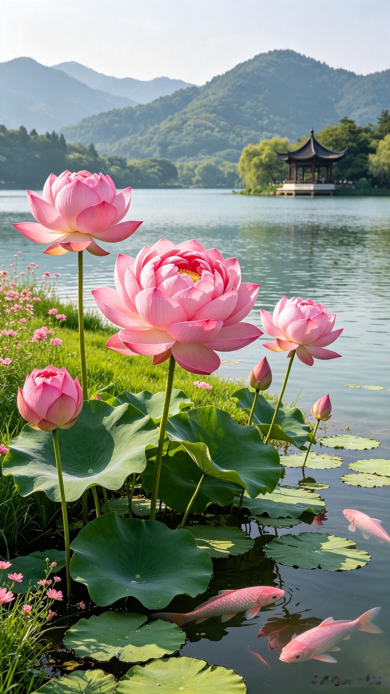 周六，快乐相随，眸里，亭台楼阁，山水相依，荷花盛开，鱼翔浅底，且将新火试新茶，诗