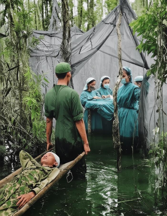 1970年，越南战争，在湿热泥泞的热带丛林沼泽里，一座用蚊帐临时搭建的战地医院正