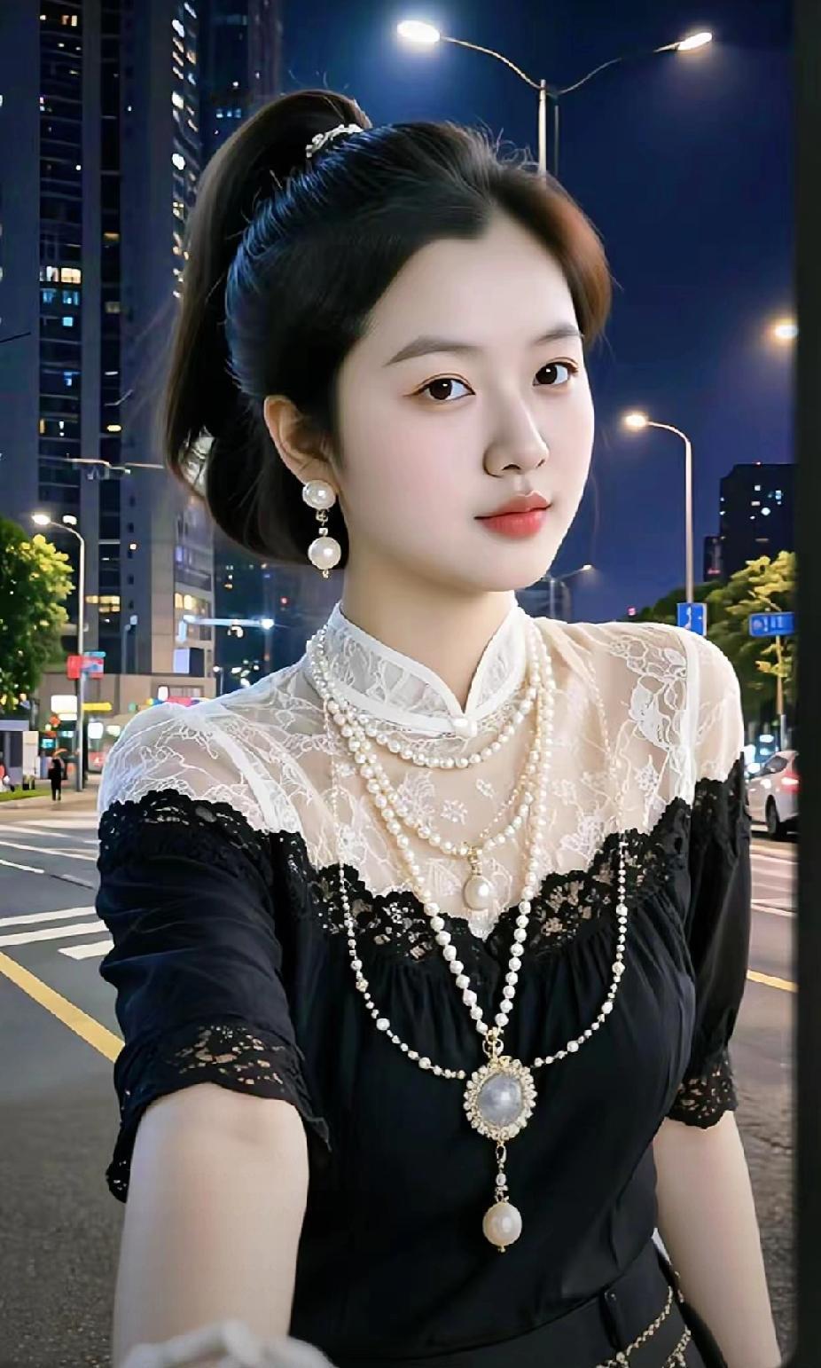 夜晚的都市，优雅的黑白色调，珍珠项链与蕾丝衬衫相得益彰，散发着迷人的魅力。什么样