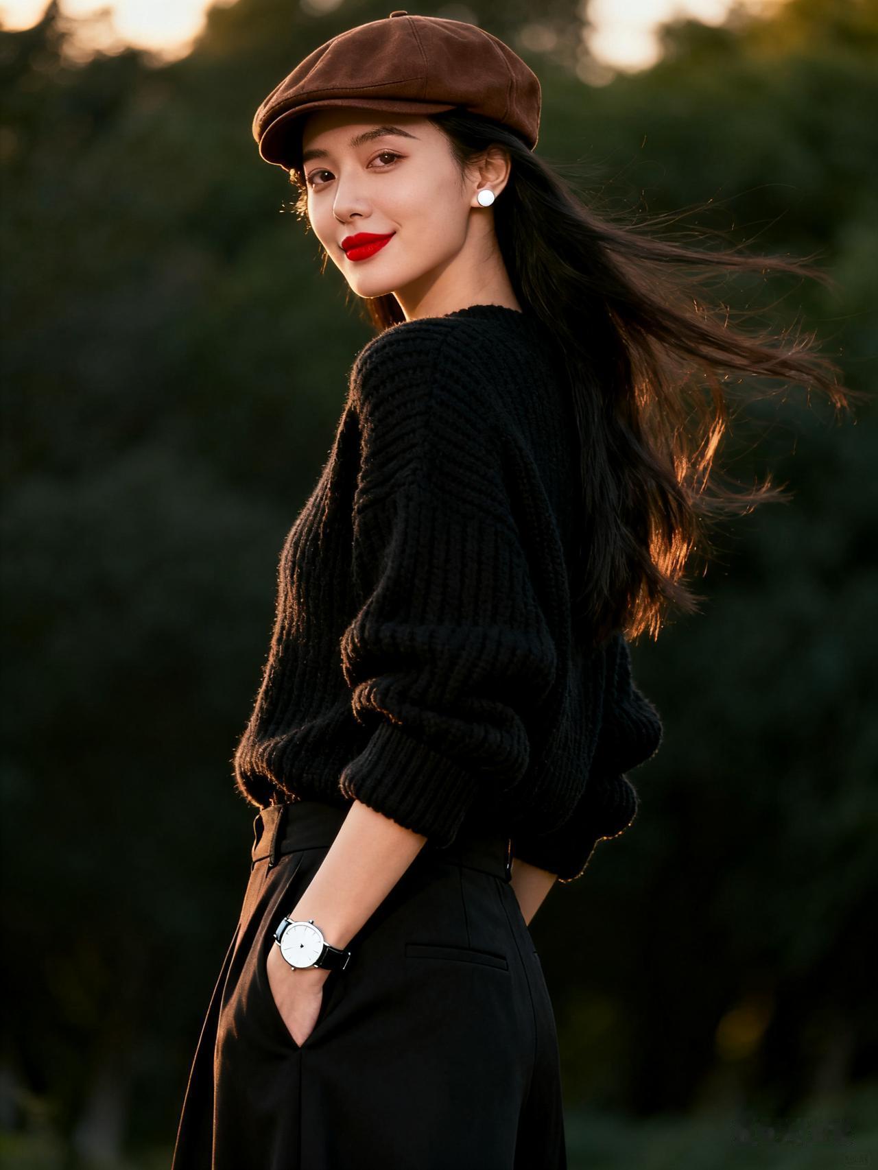 复古风穿搭，棕色贝雷帽与黑色毛衣的完美搭配，尽显优雅与时尚。