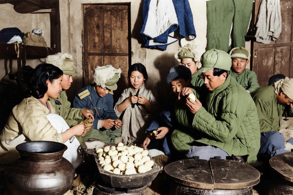 1950年冬，抗美援朝东线山区，简陋的朝鲜民居内，墙面粗糙、陈设极简，志愿军战士