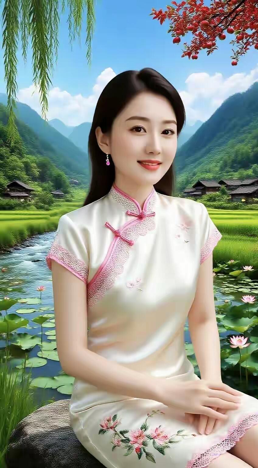 在山水间，穿旗袍的少女，如诗如画。