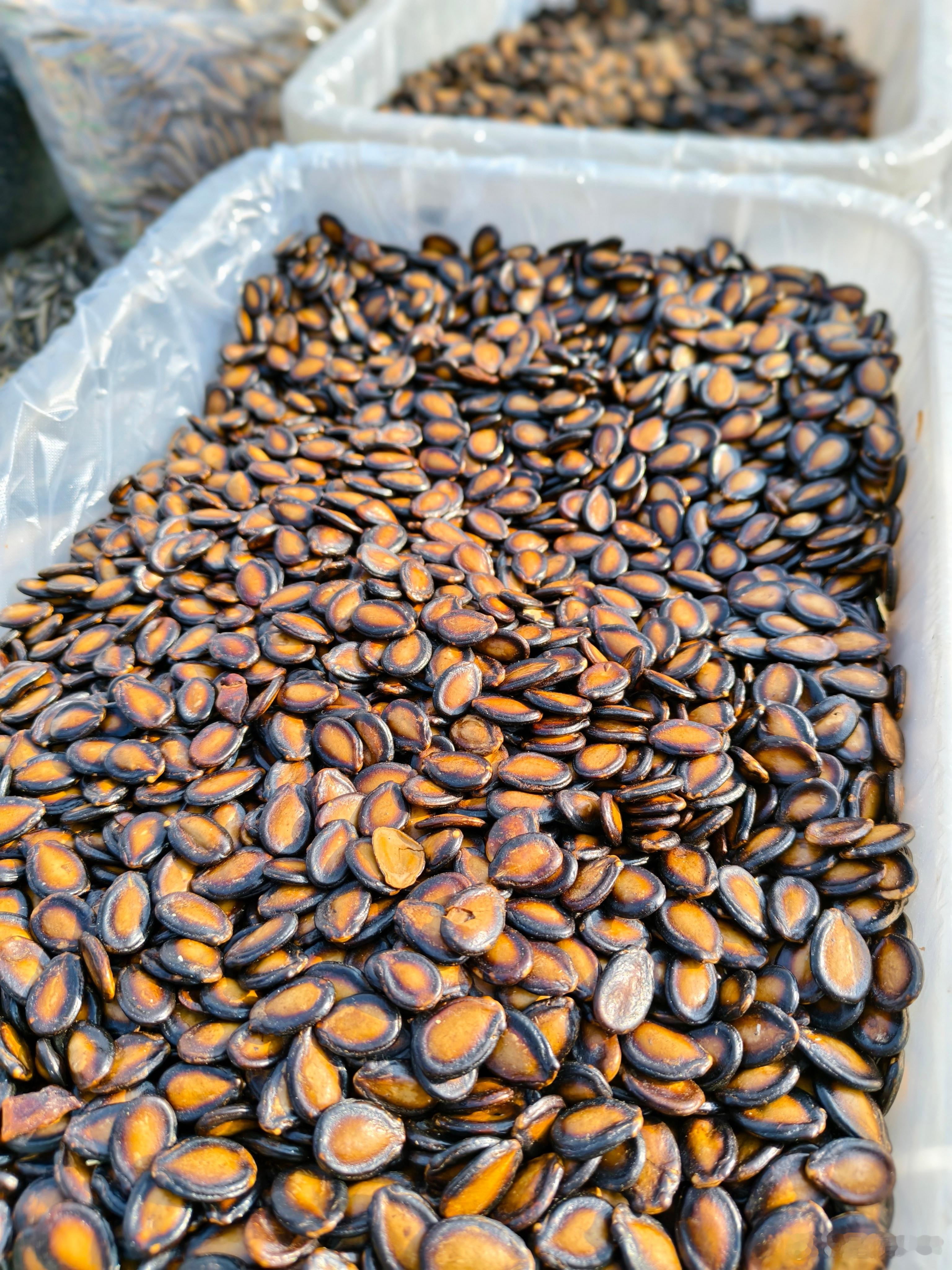 过大年什么不能少那瓜子肯定是少不了的赶大集咱们看到好多种类的瓜子啊不同的成熟度，