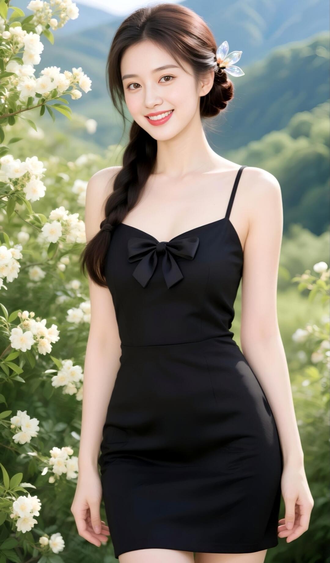 花间美人笑，黑裙映芳容。