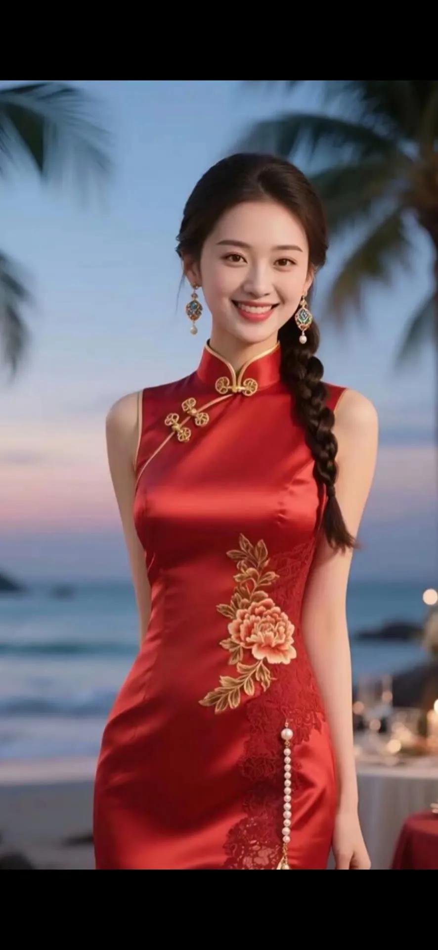 优雅红裙，海边度假，笑靥如花