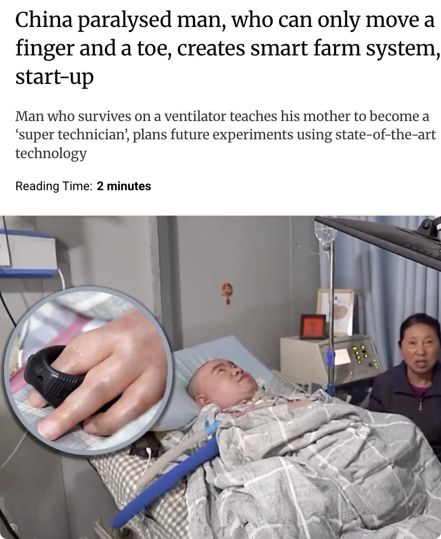 外媒：中国重庆36岁的黎夏（音译）患有肌肉营养不良症，全身仅能活动一根手指和一个