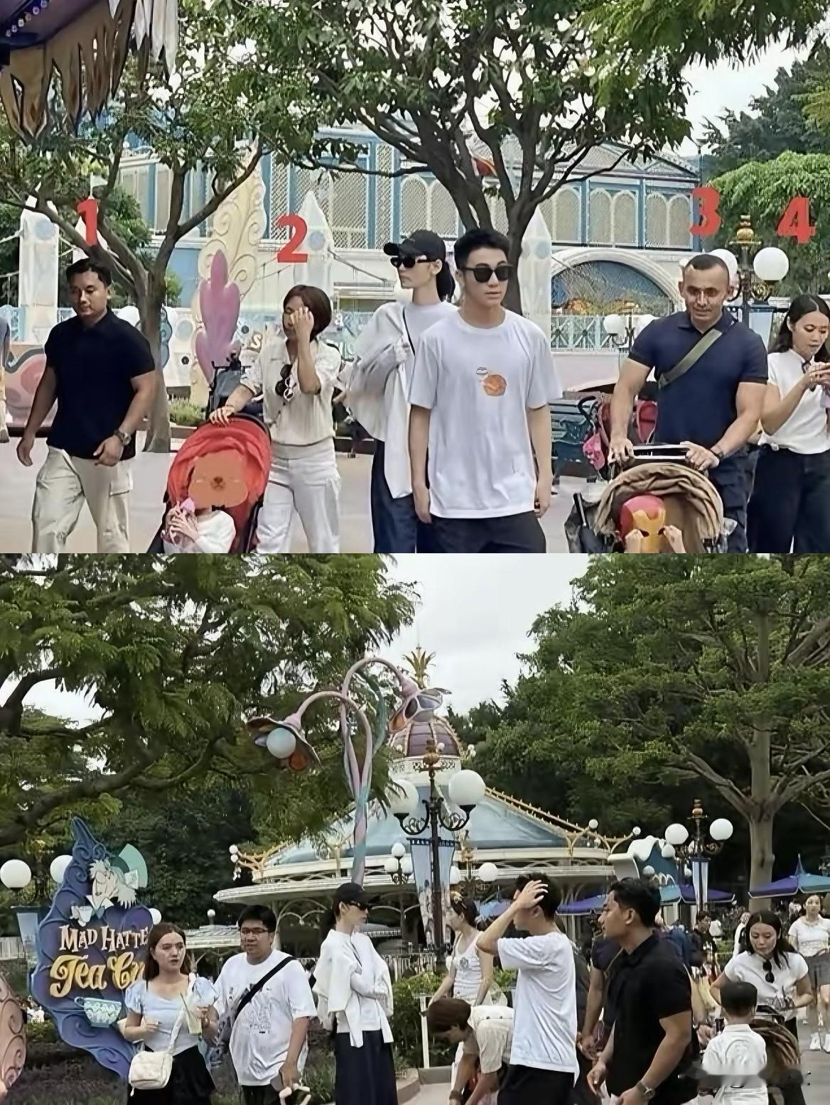 10月3日奚梦瑶何猷君一家四口出去玩，你以为豪门带娃很轻松？人家后头还跟着2位