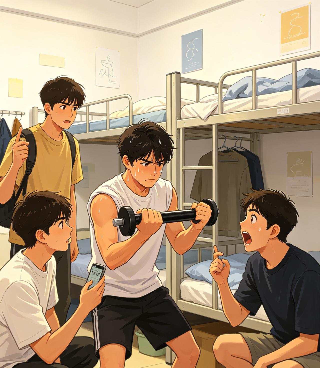 大学宿舍总能诞生各种让人意想不到的名场面。一名男生看到室友床上放着臂力棒，随手