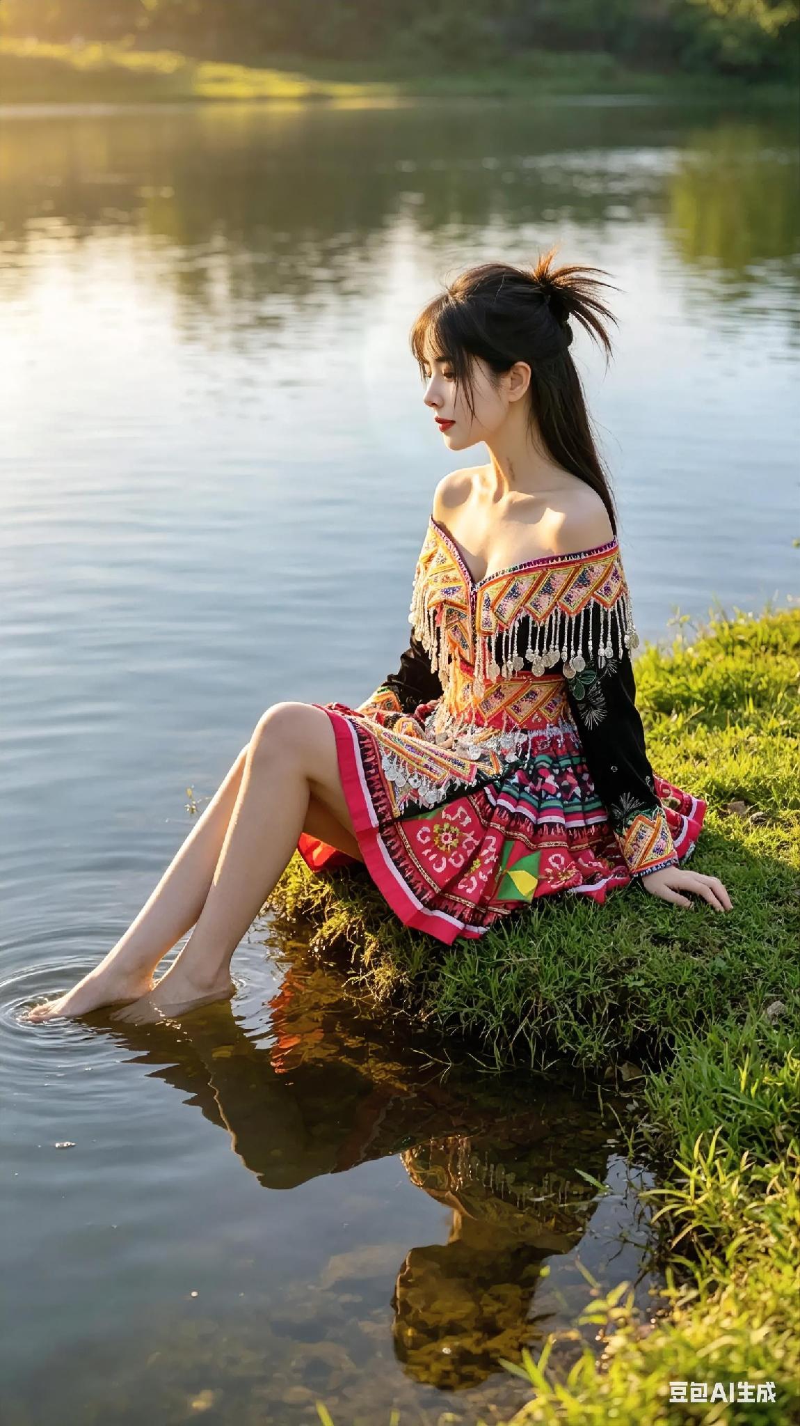 一个女孩坐在湖边，穿着漂亮的民族服饰。湖边美女照民族姑娘自拍湖畔民族风