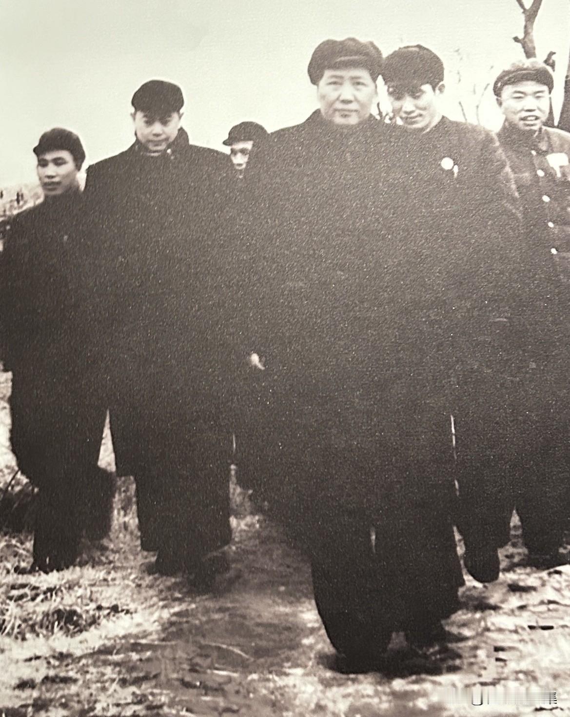 1953年，李先念（左2）、王树声（右一）陪同毛泽东视察湖北农村。这是新中国成立