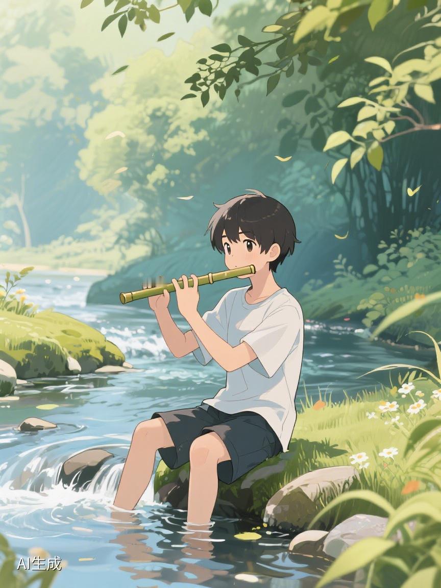AI妙生图在潺潺溪畔，一曲悠扬笛声，似能抚平浮躁，让心回归宁静，于自然中觅得一方