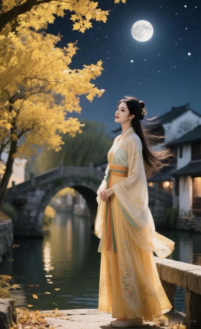 月照孤桥水自流，黄叶飞满古桥头。霓裳轻舞风停处，一叶小舟归渡口。