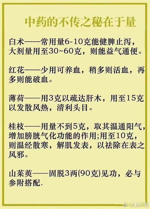 中药的不传之秘在于量；一味中药，用量不同，功效各异；红花；少量养血，中量活血，大