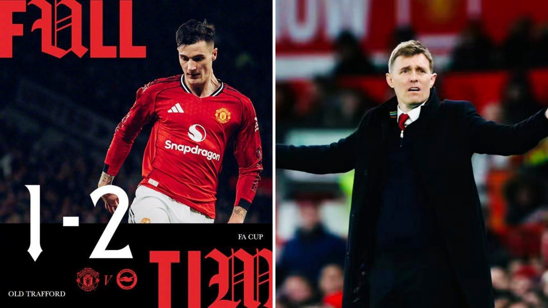 足总杯：曼联主场1-2不敌布莱顿，足总杯出局，弗莱彻2场0胜。格鲁达率先建功，