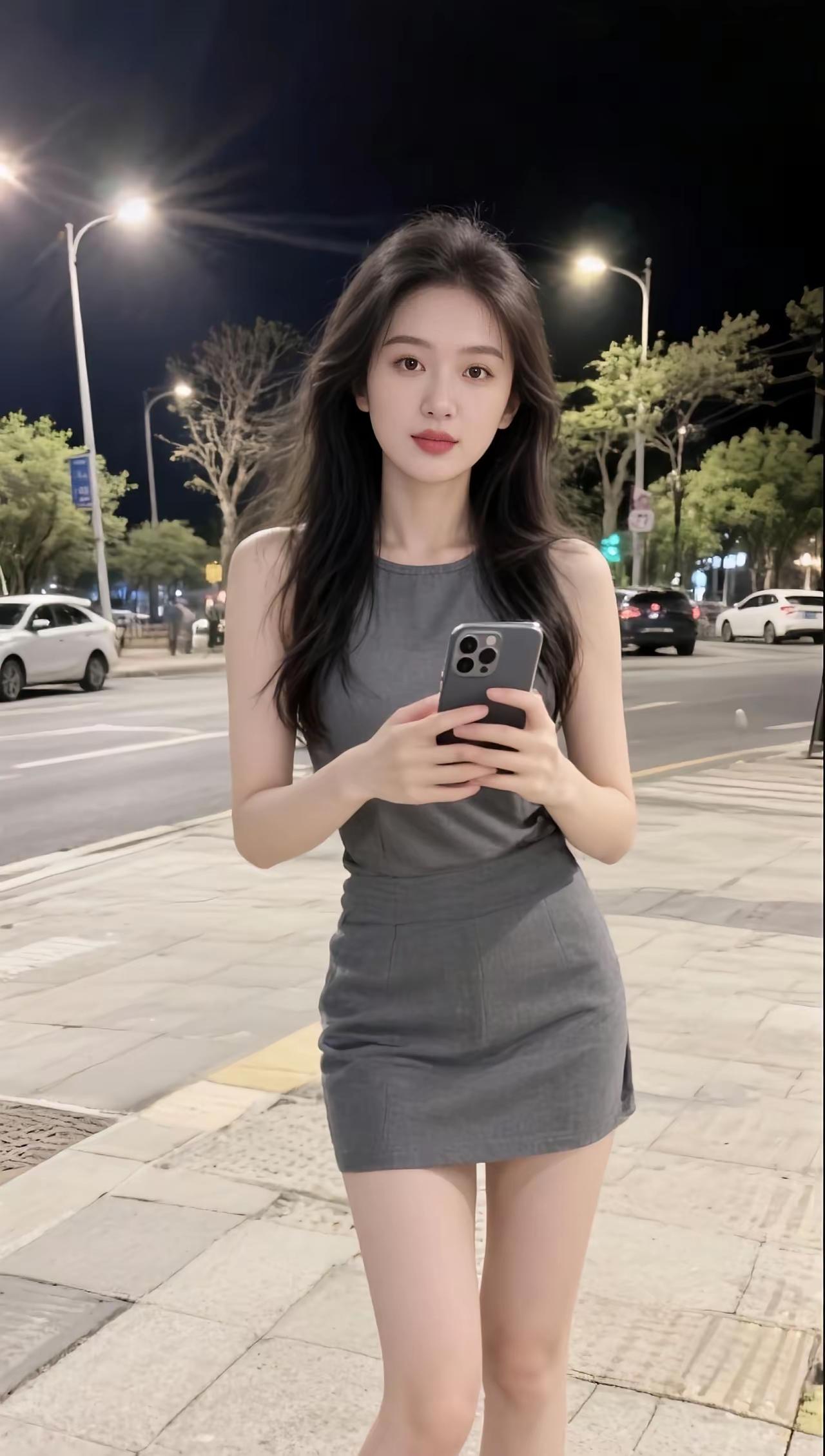 夜晚街拍，时尚短裙，手机自拍，都市风