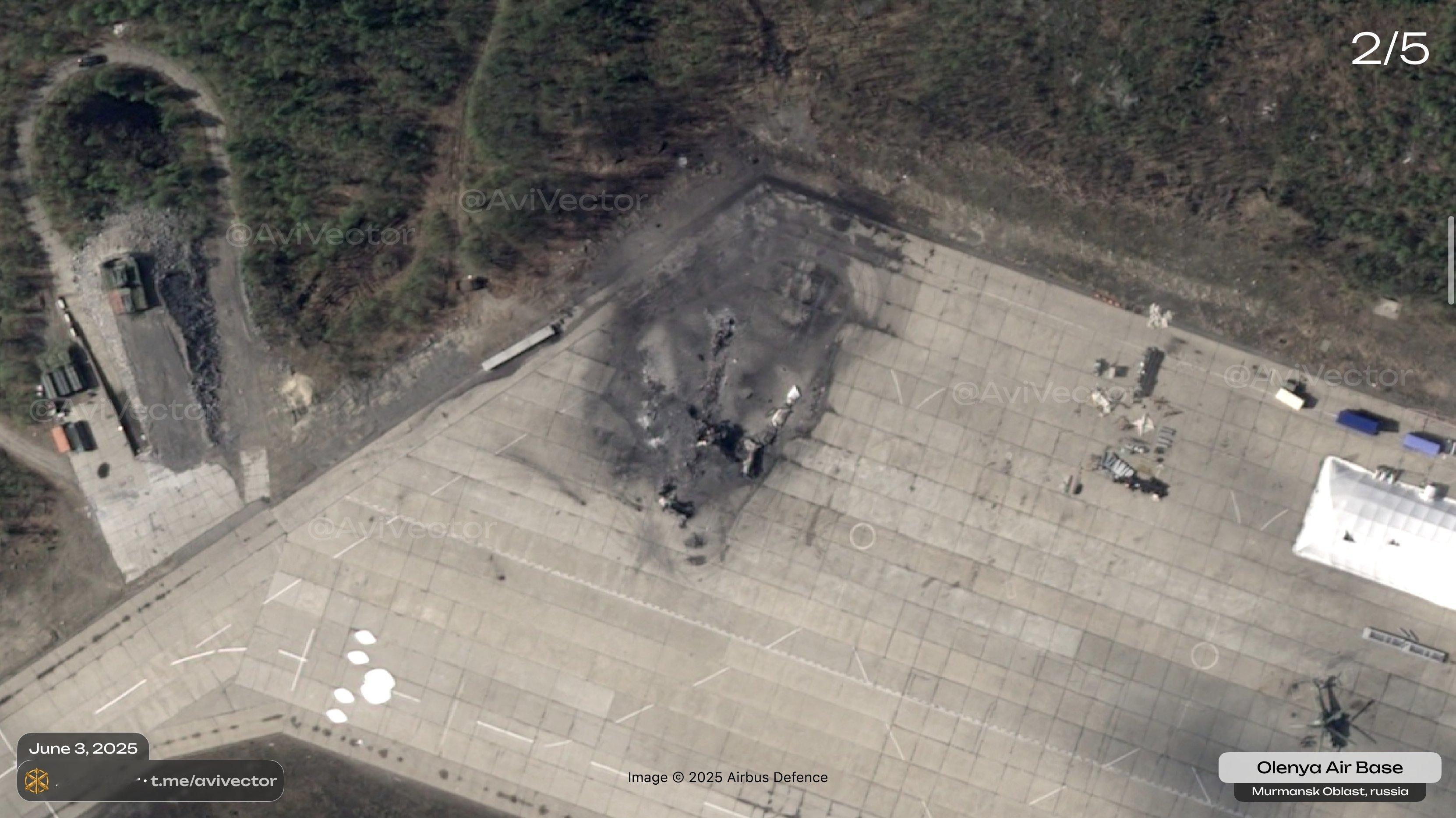 乌克兰「蜘蛛网行动」最新一批高解析度卫星照，奥莱尼亚空军基地6/3日状况，4架T