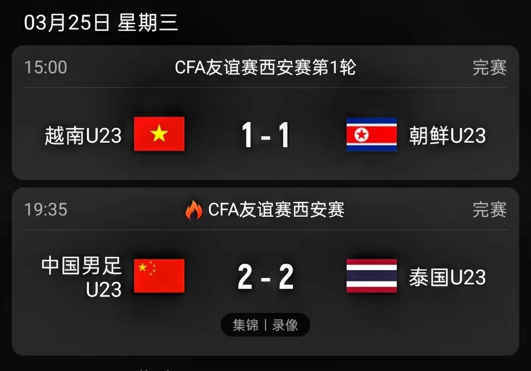 越南U23队1比1战平朝鲜U23队，中国U23国奥队2比2战平泰国U23队，4支